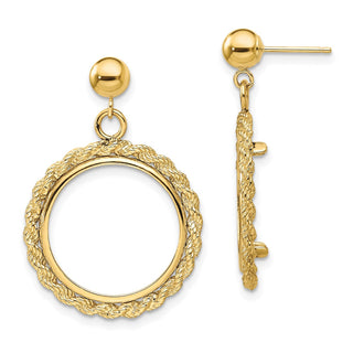 14k Yellow Gold Polished Rope 17.8mm Prong Coin Bezel Post Dangle Earrings