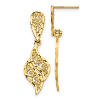 14k Yellow Gold 32mm Polished & Diamond-Cut Filigree Swirl Dangle Post Earrings