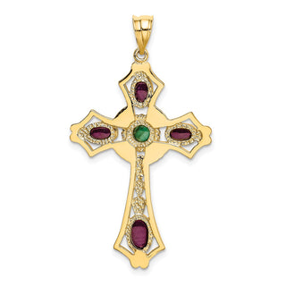 14K Yellow Gold Ruby and Emerald Cabochon Cross Pendant