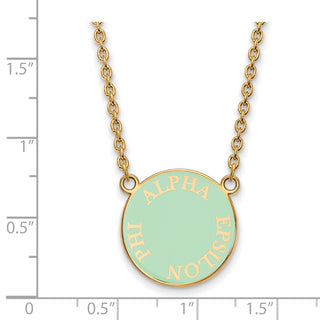 Sterling Silver Alpha Epsilon Phi Sorority Necklace - Lettering on Green Enamel Disc, 18in Chain, Gold-Plated, Pendant Size 18 x 18mm