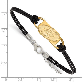 Sterling Silver Gold-plated NHL LogoArt Carolina Hurricanes Small Center Black Leather 7 inch Bracelet with Extender