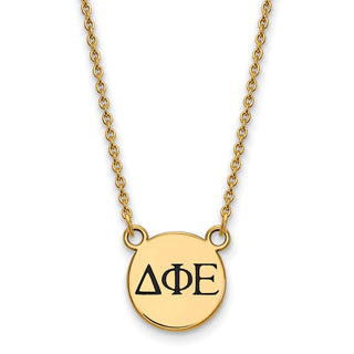Sterling Silver Gold-plated LogoArt Delta Phi Epsilon Sorority Greek Letters Small Black Enamel Pendant 18 inch Necklace