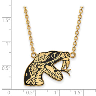 Sterling Silver Gold-plated LogoArt Florida A and M University Rattler Large Enameled Pendant 18 inch Necklace