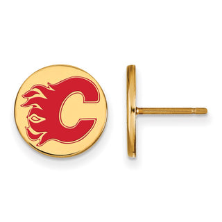 Sterling Silver Gold-plated NHL LogoArt Calgary Flames Small Enamel Disc Post Earrings