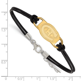 Sterling Silver Gold-plated NHL LogoArt Montreal Canadiens Black Leather 7 inch Bracelet with Extender