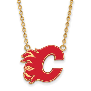 Sterling Silver Gold-plated NHL LogoArt Calgary Flames Letter C Large Enameled Pendant 18 inch Necklace