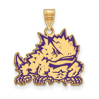 Sterling Silver Gold-plated LogoArt Texas Christian University Horned Frog Large Enameled Pendant