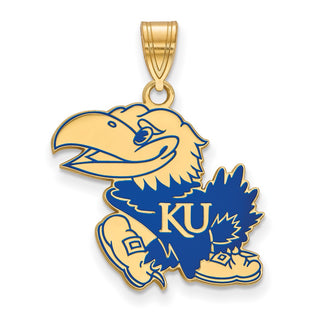 Sterling Silver Gold-plated LogoArt University of Kansas Jayhawk Large Enameled Pendant