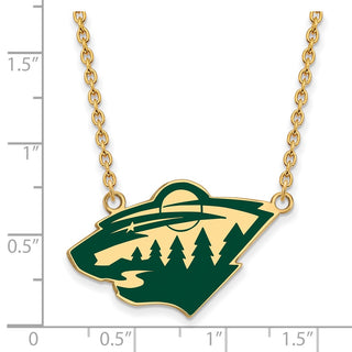 Sterling Silver Gold-plated NHL LogoArt Minnesota Wild Large Enameled Pendant 18 inch Necklace
