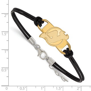Sterling Silver Gold-plated NHL LogoArt New Jersey Devils Small Center Black Leather 7 inch Bracelet with Extender