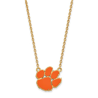 Sterling Silver Gold-plated LogoArt Clemson University Tiger Paw Large Enameled Pendant 18 inch Necklace