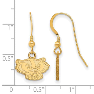 Sterling Silver Gold-plated LogoArt University of Wisconsin Badger Extra Small Dangle Wire Earrings