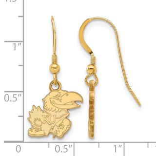 Sterling Silver Gold-plated LogoArt University of Kansas Jayhawk Small Dangle Wire Earrings GP070UKS