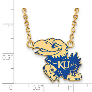 Sterling Silver Gold-plated LogoArt University of Kansas Jayhawk Large Enameled Pendant 18 inch Necklace