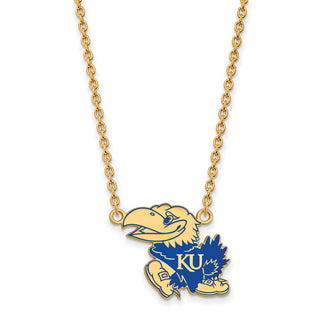 Sterling Silver Gold-plated LogoArt University of Kansas Jayhawk Large Enameled Pendant 18 inch Necklace