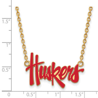 Sterling Silver Gold-plated LogoArt University of Nebraska Huskers Script Large Enameled Pendant 18 inch Necklace