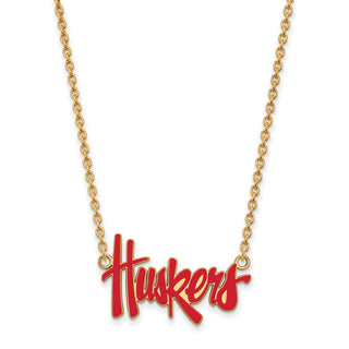 Sterling Silver Gold-plated LogoArt University of Nebraska Huskers Script Large Enameled Pendant 18 inch Necklace
