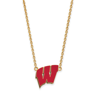 Sterling Silver Gold-plated LogoArt University of Wisconsin Letter W Large Enameled Pendant 18 inch Necklace