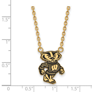 Sterling Silver Gold-plated LogoArt University of Wisconsin Badger Large Enameled Pendant 18 inch Necklace