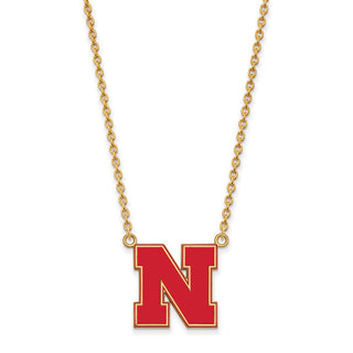 Sterling Silver Gold-plated LogoArt University of Nebraska Letter N Large Enameled Pendant 18 inch Necklace