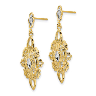 14k Yellow Gold w/ Rhodium-Plating 36mm Diamond-cut Filigree Dangle Earrings