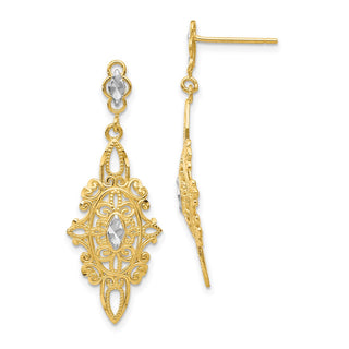 14k Yellow Gold w/ Rhodium-Plating 36mm Diamond-cut Filigree Dangle Earrings