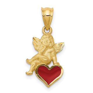 14k Yellow Gold Enameled Angel On Heart Pendant