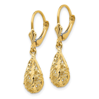 14k Yellow Gold 30mm Polished Diamond-Cut Filigree Dangle Leverback Earrings