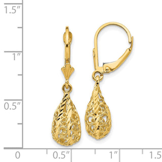 14k Yellow Gold 30mm Polished Diamond-Cut Filigree Dangle Leverback Earrings