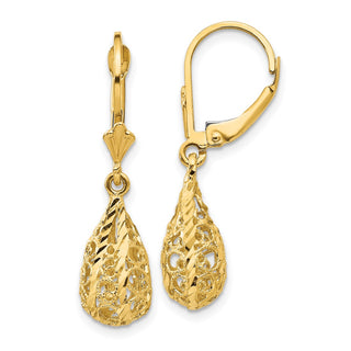 14k Yellow Gold 30mm Polished Diamond-Cut Filigree Dangle Leverback Earrings