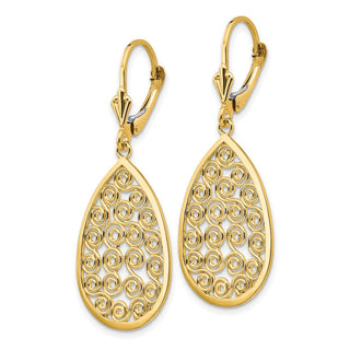 14k Yellow Gold 41mm Teardrop Filigree Dangle Leverback Earrings