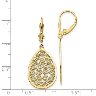 14k Yellow Gold 41mm Teardrop Filigree Dangle Leverback Earrings
