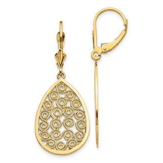 14k Yellow Gold 41mm Teardrop Filigree Dangle Leverback Earrings