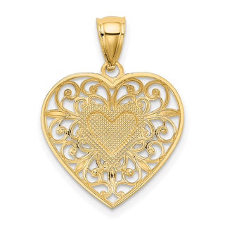 14k Yellow Gold and Rhodium Polished Diamond-cut Filigree Heart Pendant K2527