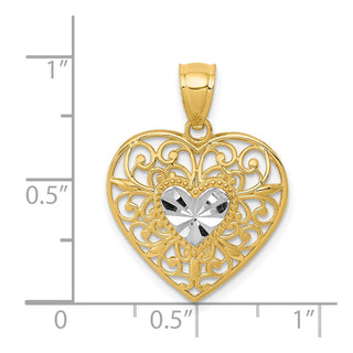 14k Yellow Gold and Rhodium Polished Diamond-cut Filigree Heart Pendant K2527