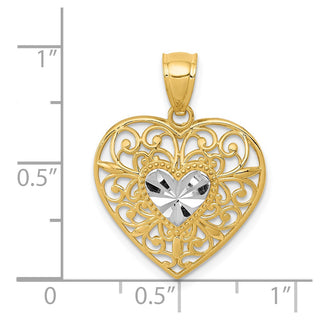 14k Yellow Gold and Rhodium Polished Diamond-cut Filigree Heart Pendant K2527
