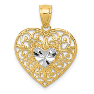 14k Yellow Gold and Rhodium Polished Diamond-cut Filigree Heart Pendant K2527