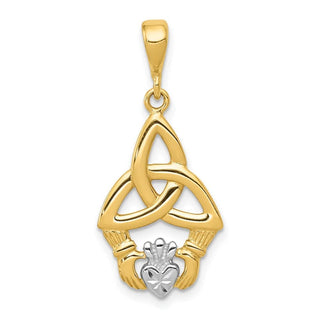 14k Yellow Gold And Rhodium Diamond-Cut Claddagh Pendant