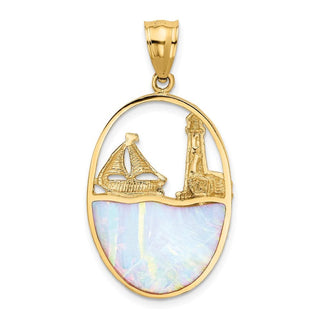 14k Yellow Gold Simulated Opal Lighthouse and Sailboat Pendant