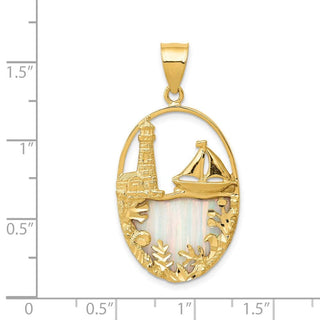 14k Yellow Gold Simulated Opal Lighthouse and Sailboat Pendant