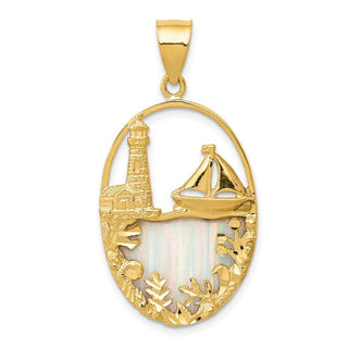 14k Yellow Gold Simulated Opal Lighthouse and Sailboat Pendant