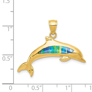 14k Yellow Gold Lab Created Opal Dolphin Pendant K3008