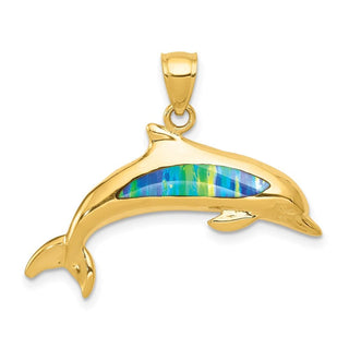 14k Yellow Gold Lab Created Opal Dolphin Pendant K3008