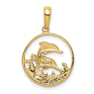 14k Yellow Gold Double Dolphin Circle Pendant
