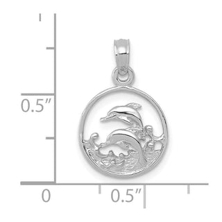 14K White Gold Double Dolphin Circle Pendant