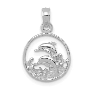 14K White Gold Double Dolphin Circle Pendant