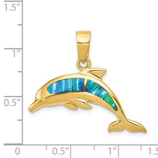 14k Yellow Gold Simulated Opal Dolphin Pendant K317