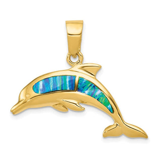 14k Yellow Gold Simulated Opal Dolphin Pendant K317