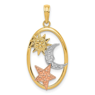 14k Yellow and Rose Gold w/Rhodium Sun, Moon and Star Oval Pendant