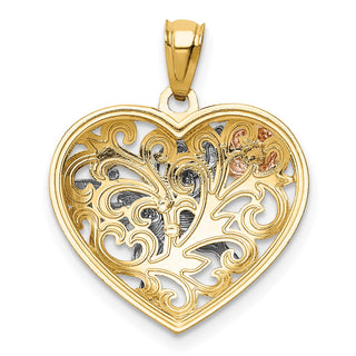 14k Yellow, White and Rose Gold Butterfly and Flower Heart Pendant
